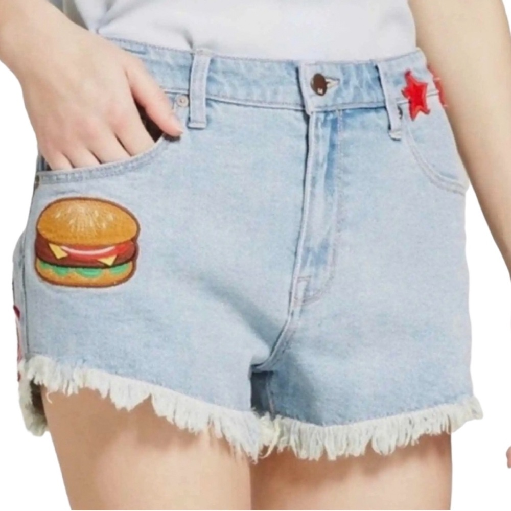Mossimo Denim High Rise Light Blue Shorts Patriot Patchwork & Fringe- size 16/33